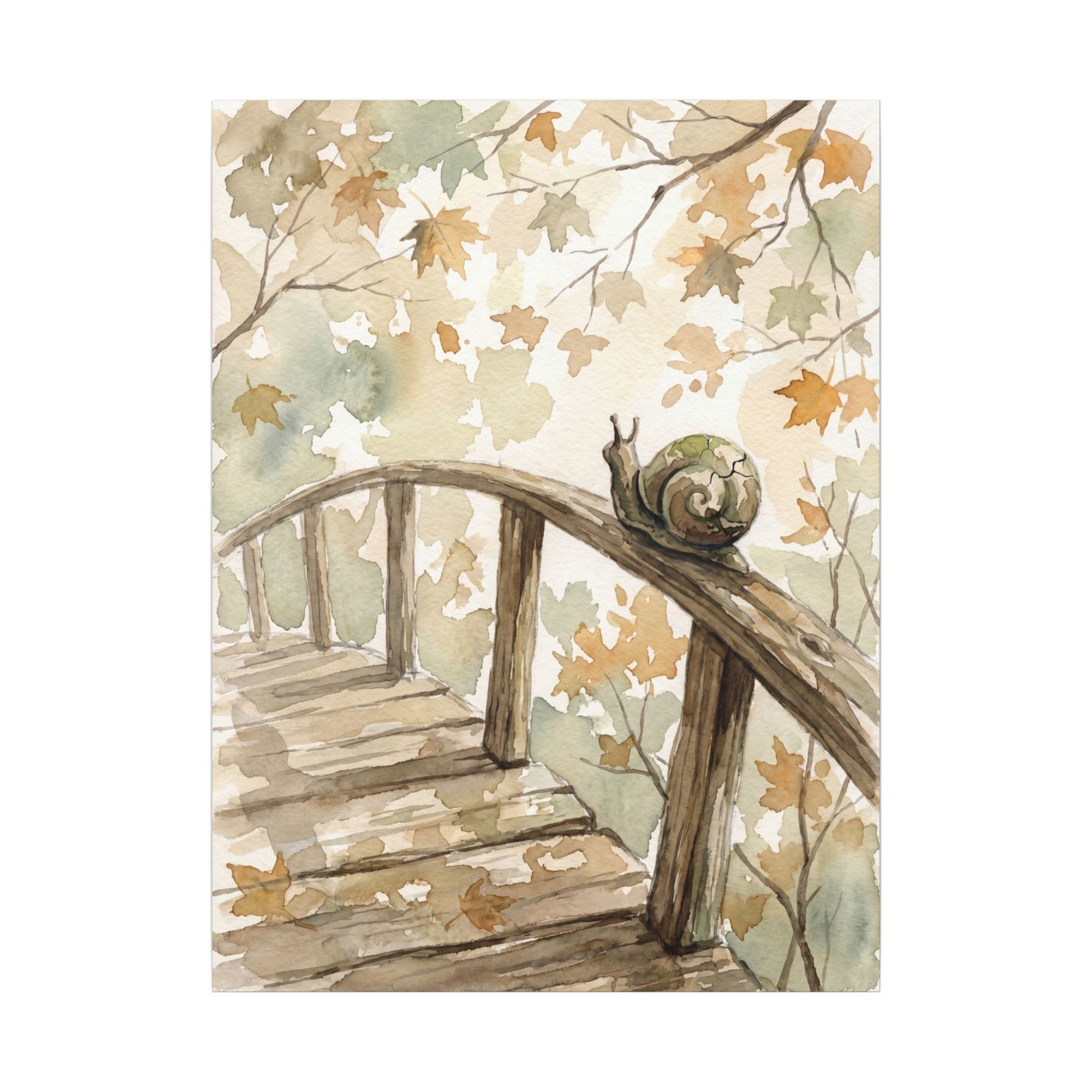 Wooden Bridge Canvas Art | Autumn Japandi Watercolor Art