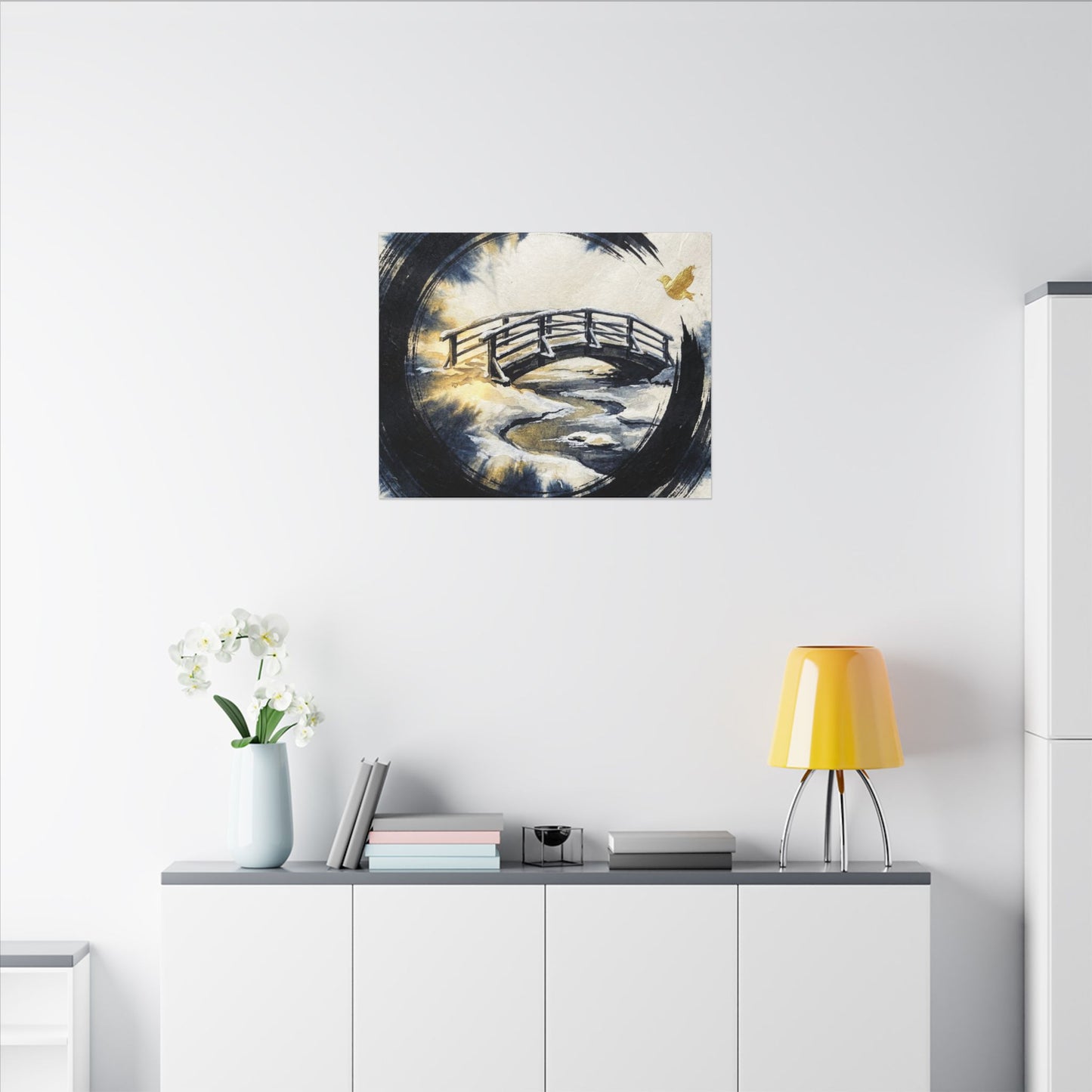 Winter Wooden Bridge Enso Canvas Art | Serene Decor