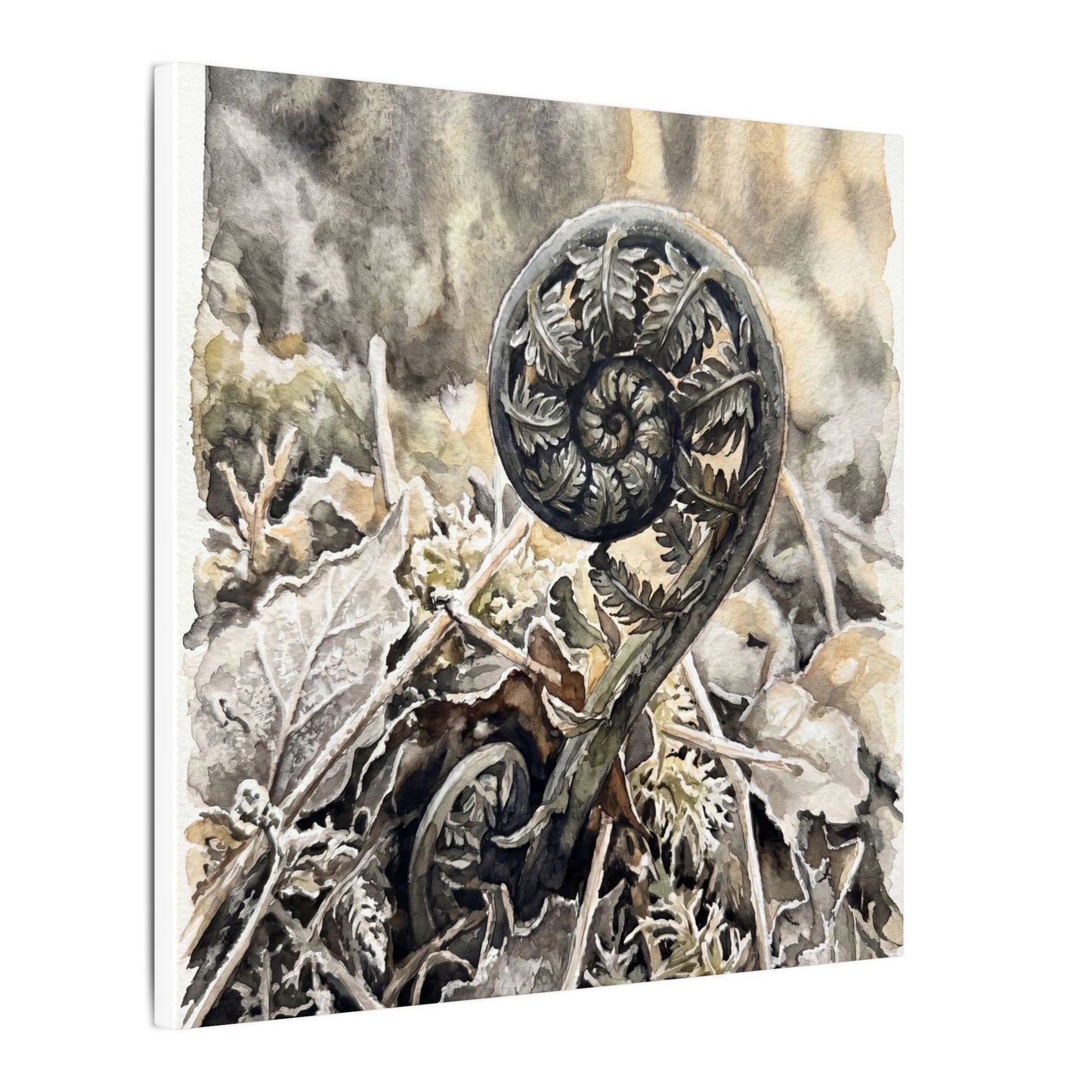 Japandi Fern Unfurling in Golden Hour | Watercolor Canvas Art