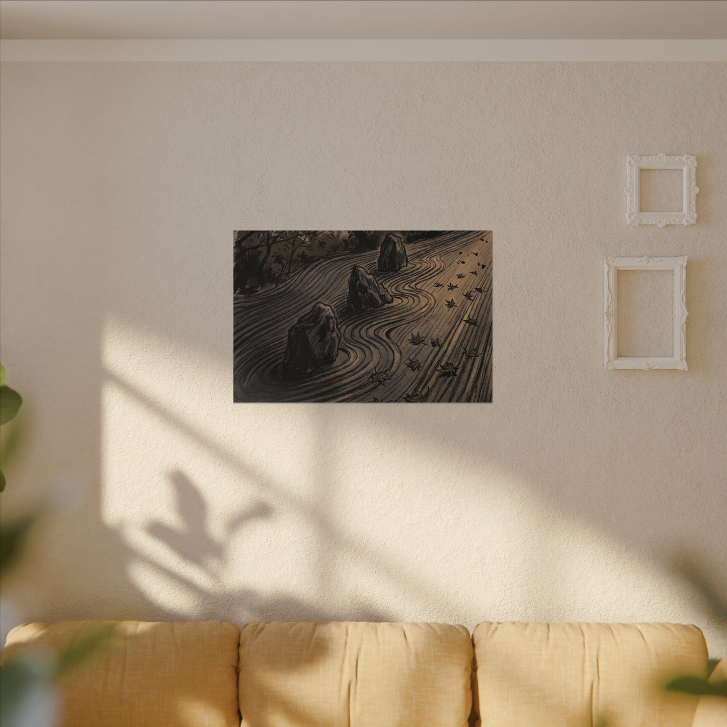 Rock Garden Canvas Art | Autumn Dark Japandi Charcoal Ink Art