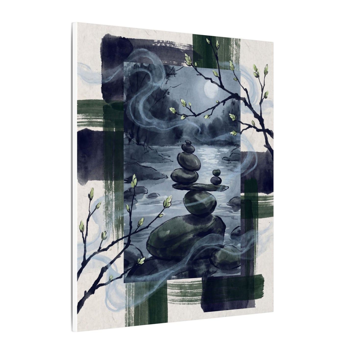 Moonlight River Stones Canvas Art - Zen Shibui