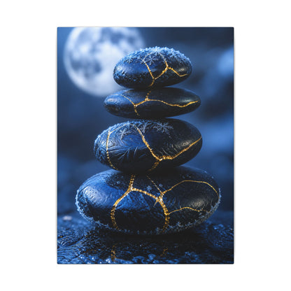 River Stones Canvas Art | Winter Kintsugi Gold Repair Art