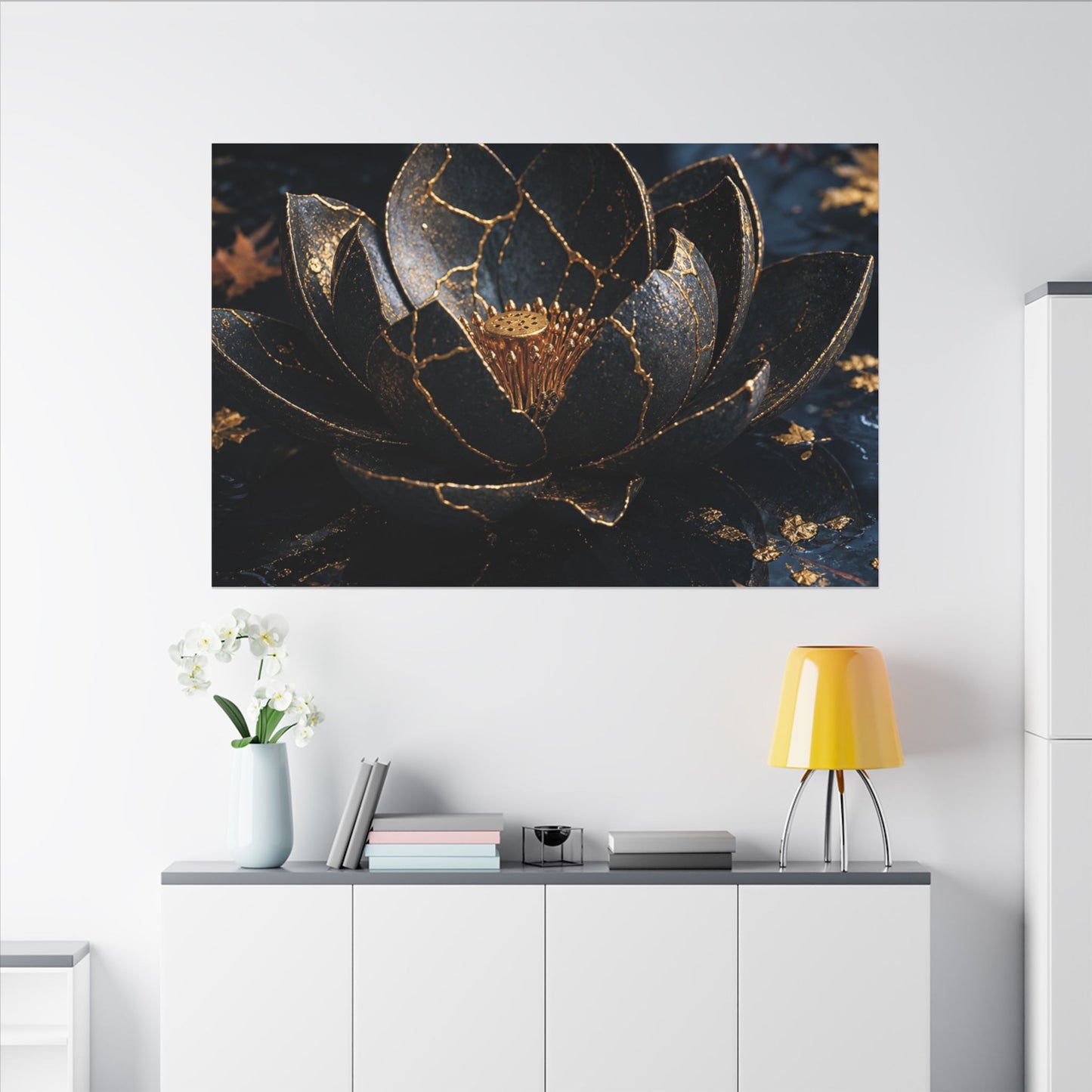 Moonlight Lotus Flower Canvas Art - Kintsugi Fukinsei