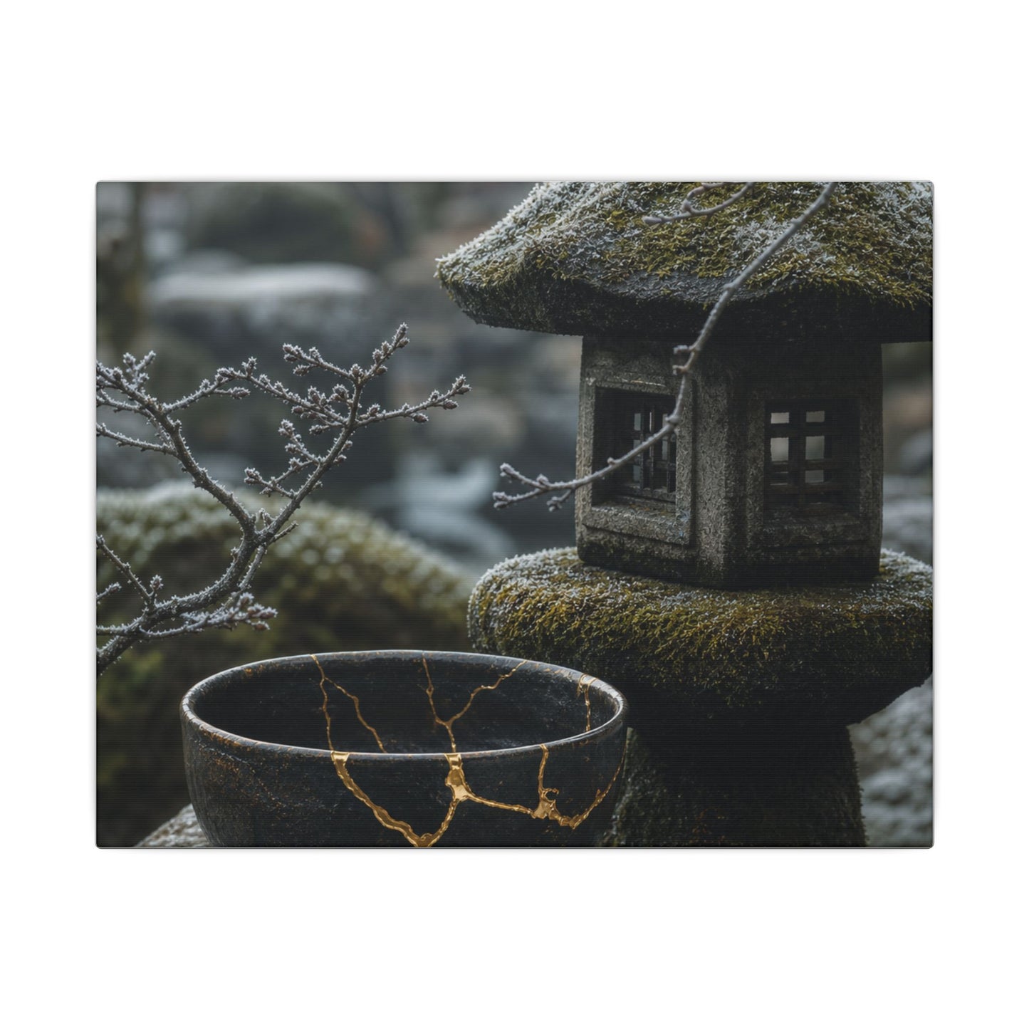 Stone Lantern Canvas Art | Winter Kintsugi Gold Repair Art