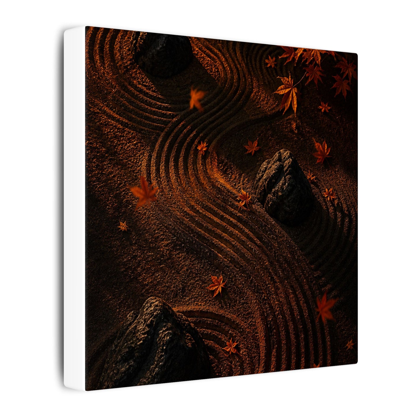 Dark Japandi Rock Garden in Golden Hour | Charcoal Ink Canvas Art