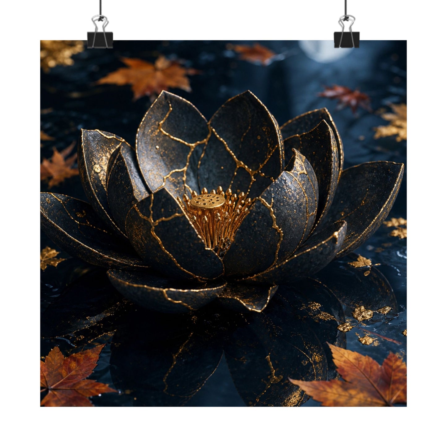Kintsugi Lotus Flower in Moonlight | Gold Repair Wall Art Print