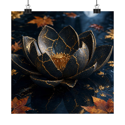 Kintsugi Lotus Flower in Moonlight | Gold Repair Wall Art Print