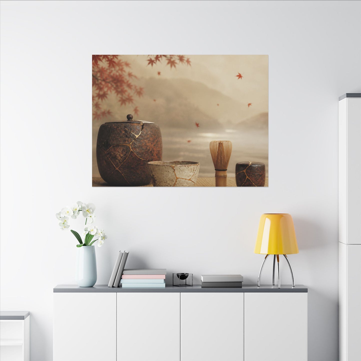 Tea Ceremony Canvas Art | Autumn Kintsugi Gold Vein Art