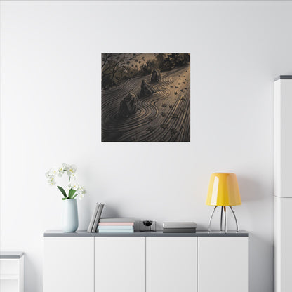 Rock Garden Canvas Art | Autumn Dark Japandi Charcoal Ink Art