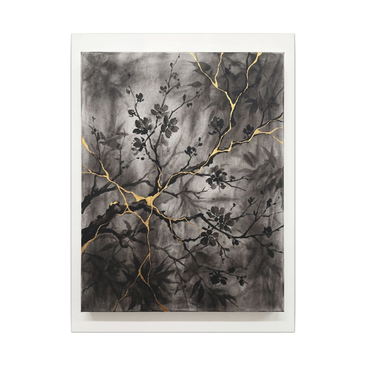 Kanso Cherry Blossom Canvas Art - Kintsugi Crackle Gold