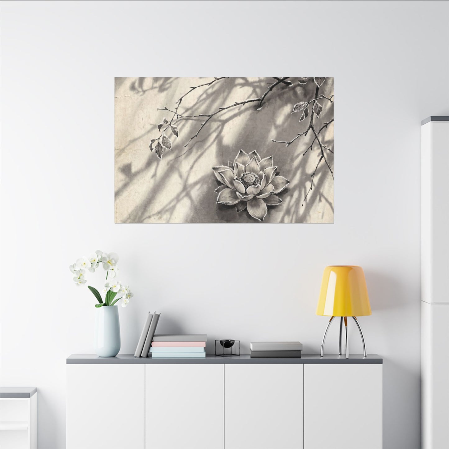 Winter Lotus Flower Sumi E Canvas Art | Contemplative Decor