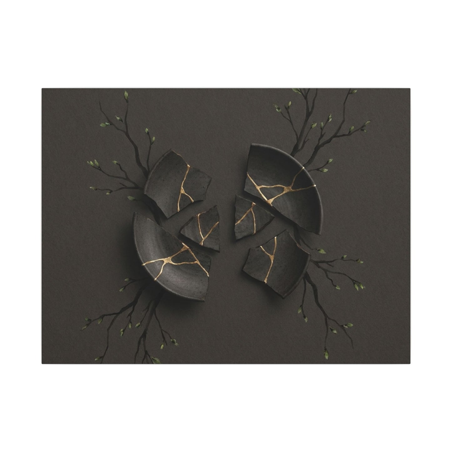 Sophisticated Broken Pottery Canvas Art - Charcoal Ink Dark Japandi