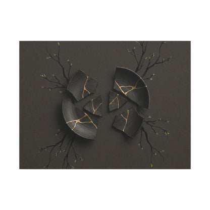 Sophisticated Broken Pottery Canvas Art - Charcoal Ink Dark Japandi
