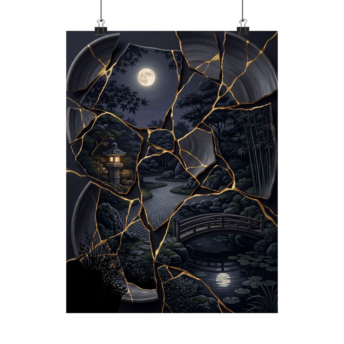 Summer Moonlit Garden Gold Repair Wall Art Print | Philosophical Decor