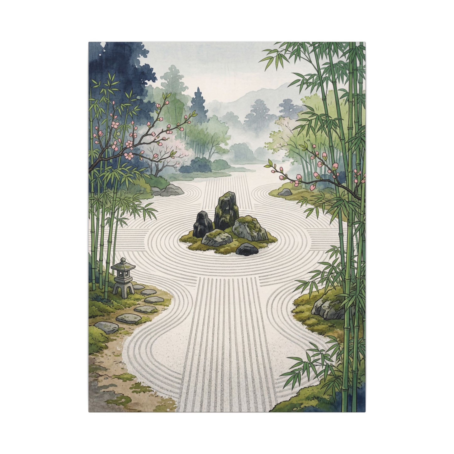 Rock Garden Ukiyo E Inspired Canvas Art | Contemplative Zen Art