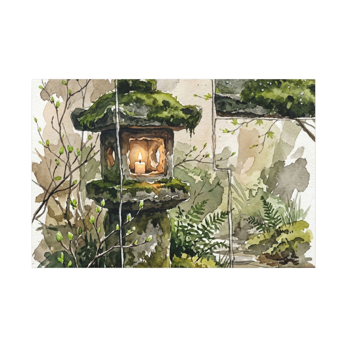 Stone Lantern Watercolor Canvas Art | Elegant Japandi Art