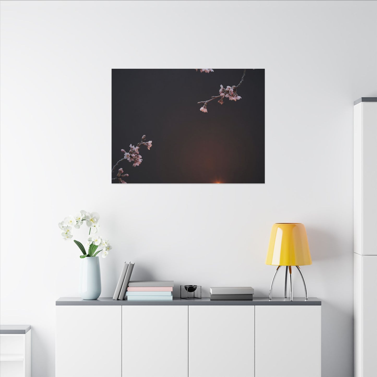 Dark Japandi Cherry Blossom in Candlelight | Moody Minimal Canvas Art