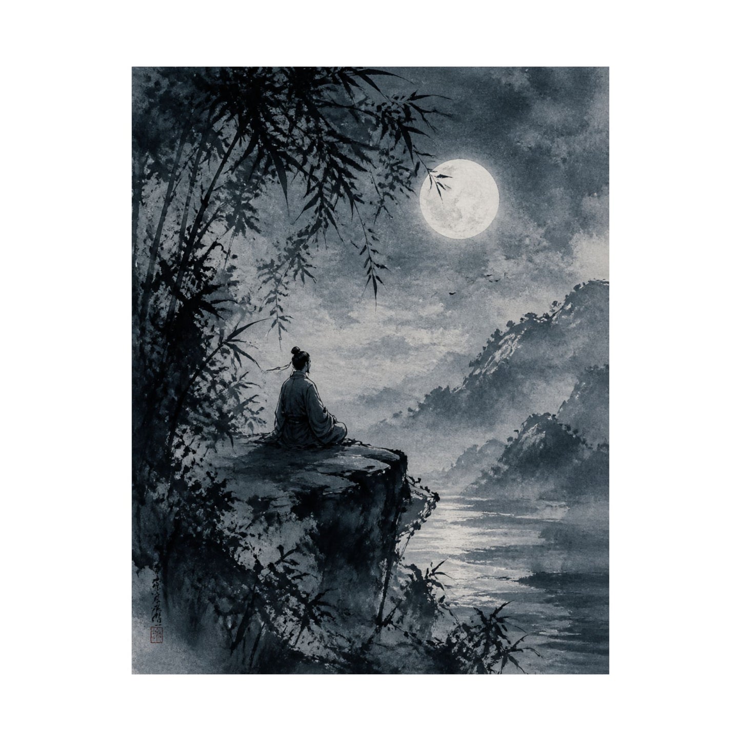 Serene Ink Brushstroke Wall Art Print - Sumi E Zen