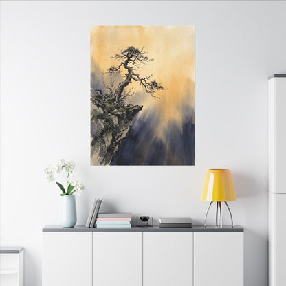 Zen Pine Tree in Golden Hour | Sumi E Canvas Art