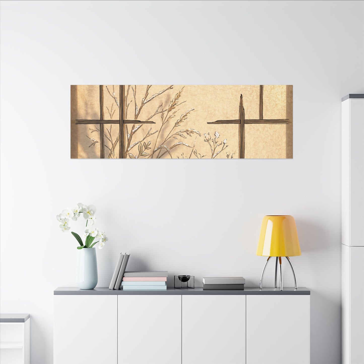 Shoji Screen Canvas Art | Winter Japandi Minimal Line Art