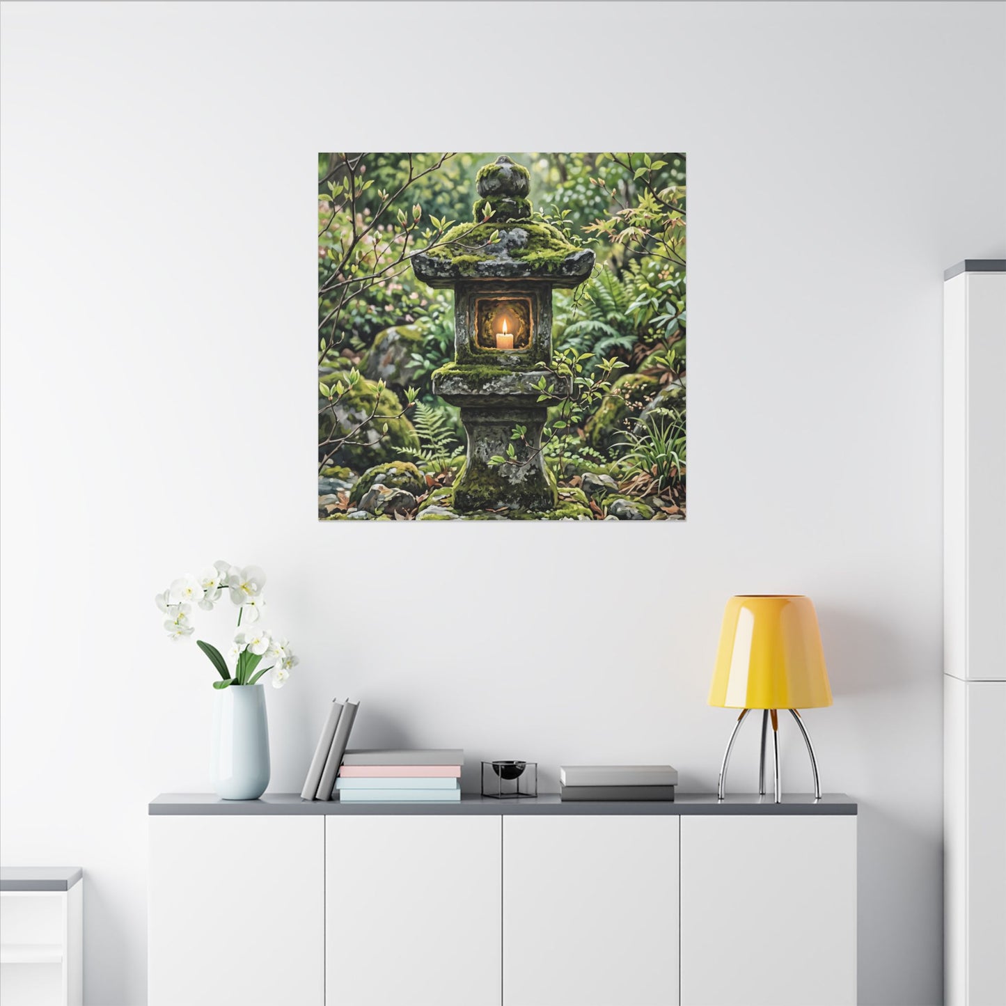 Neutral Stone Lantern Canvas Art - Japanese Pattern Japandi