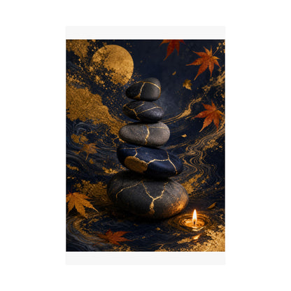 River Stones Wall Art Print | Autumn Kintsugi Gold Vein Art