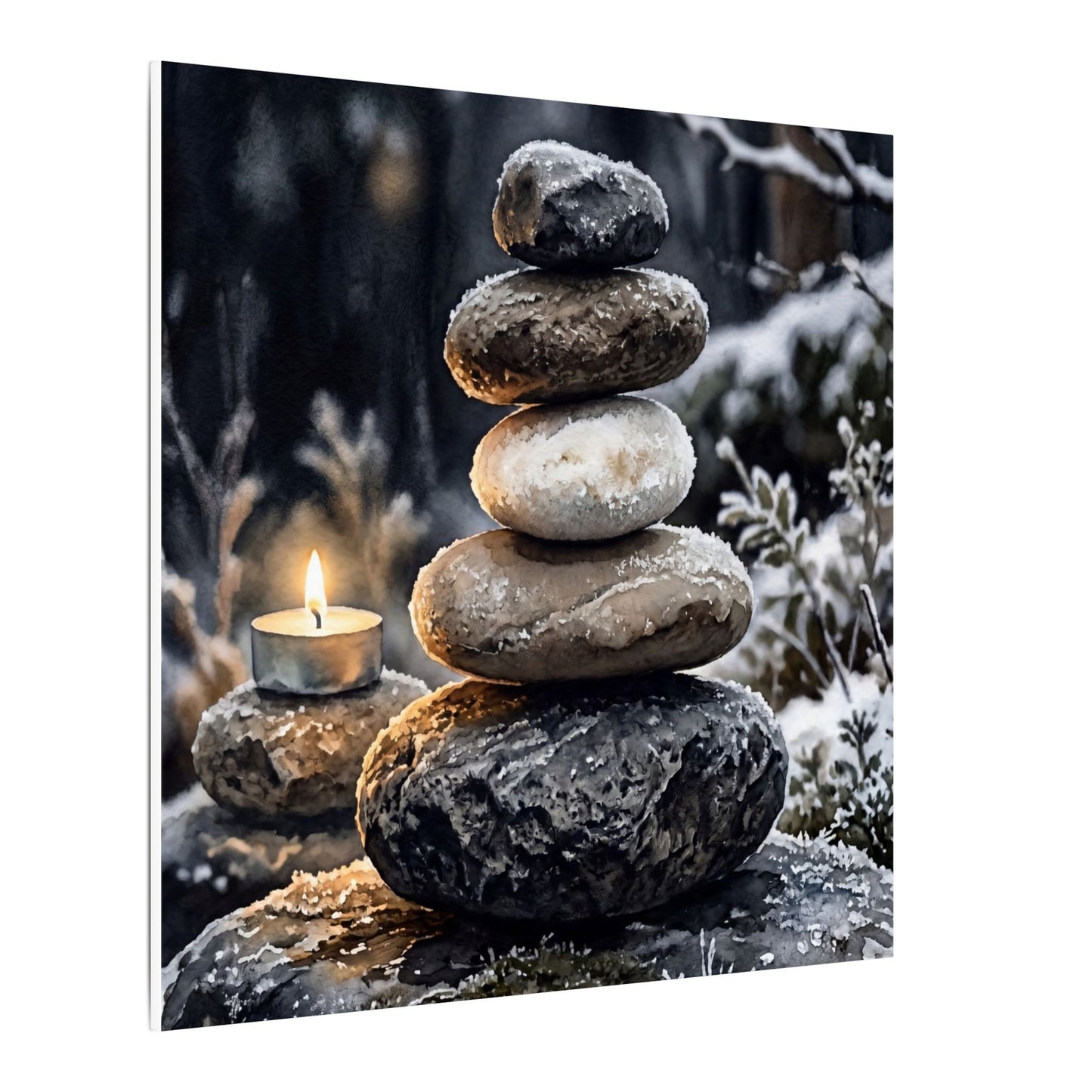 River Stones Canvas Art | Winter Japandi Watercolor Art