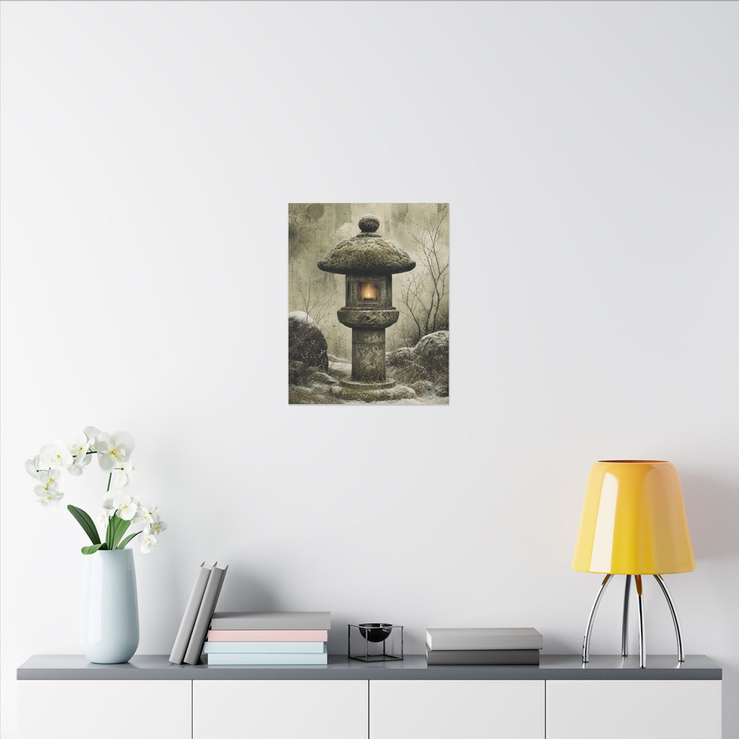 Stone Lantern Winter Canvas Art | Japandi Neutral Design
