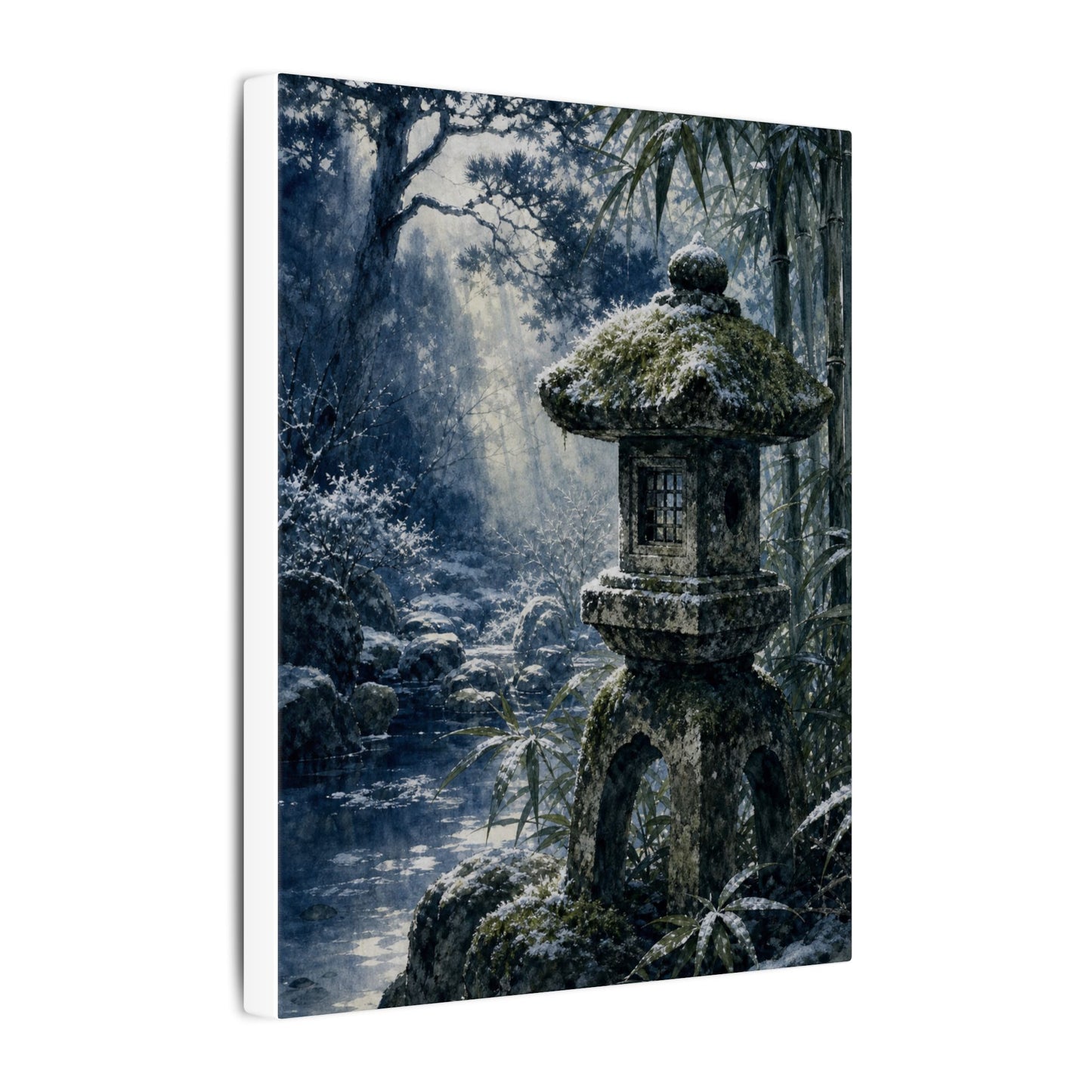 Zen Stone Lantern in Dappled | Sumi E Canvas Art