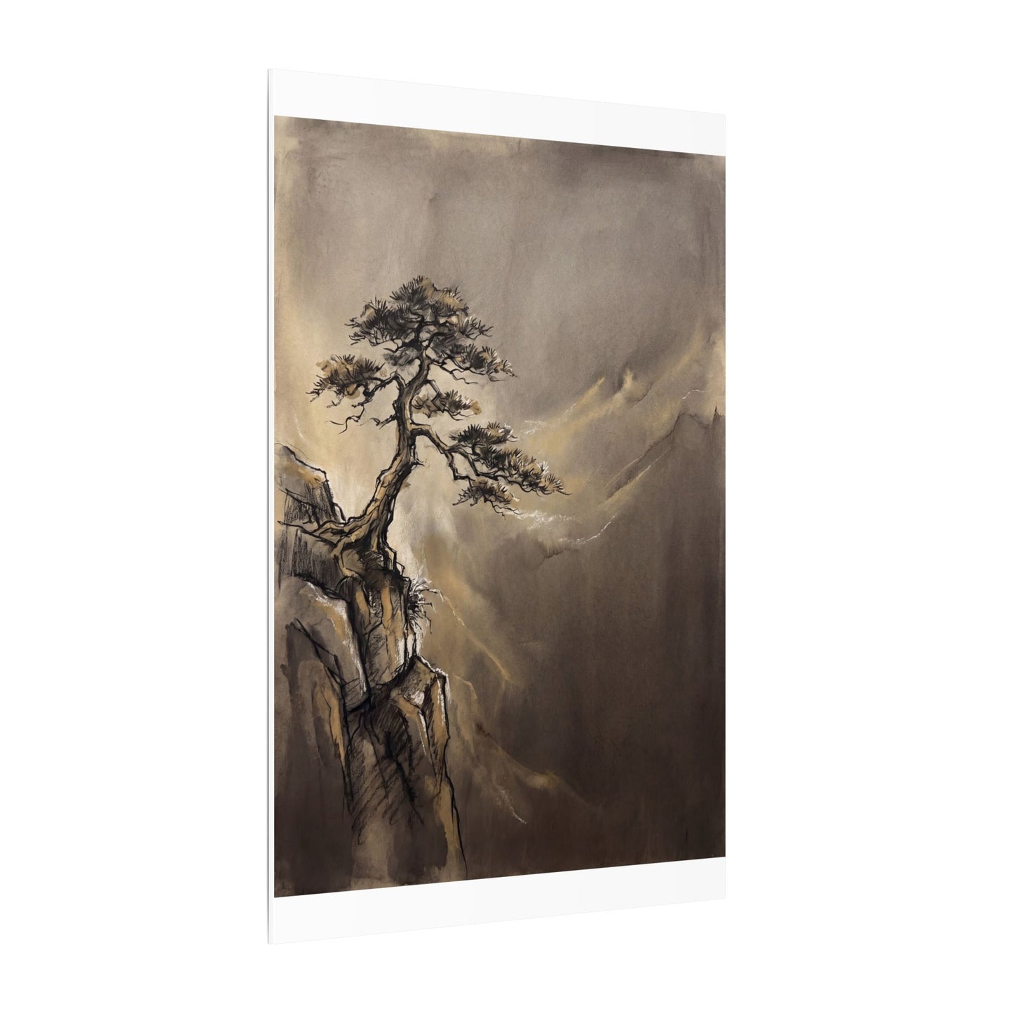 Pine Tree Charcoal Ink Canvas Art | Luxurious Dark Japandi Art