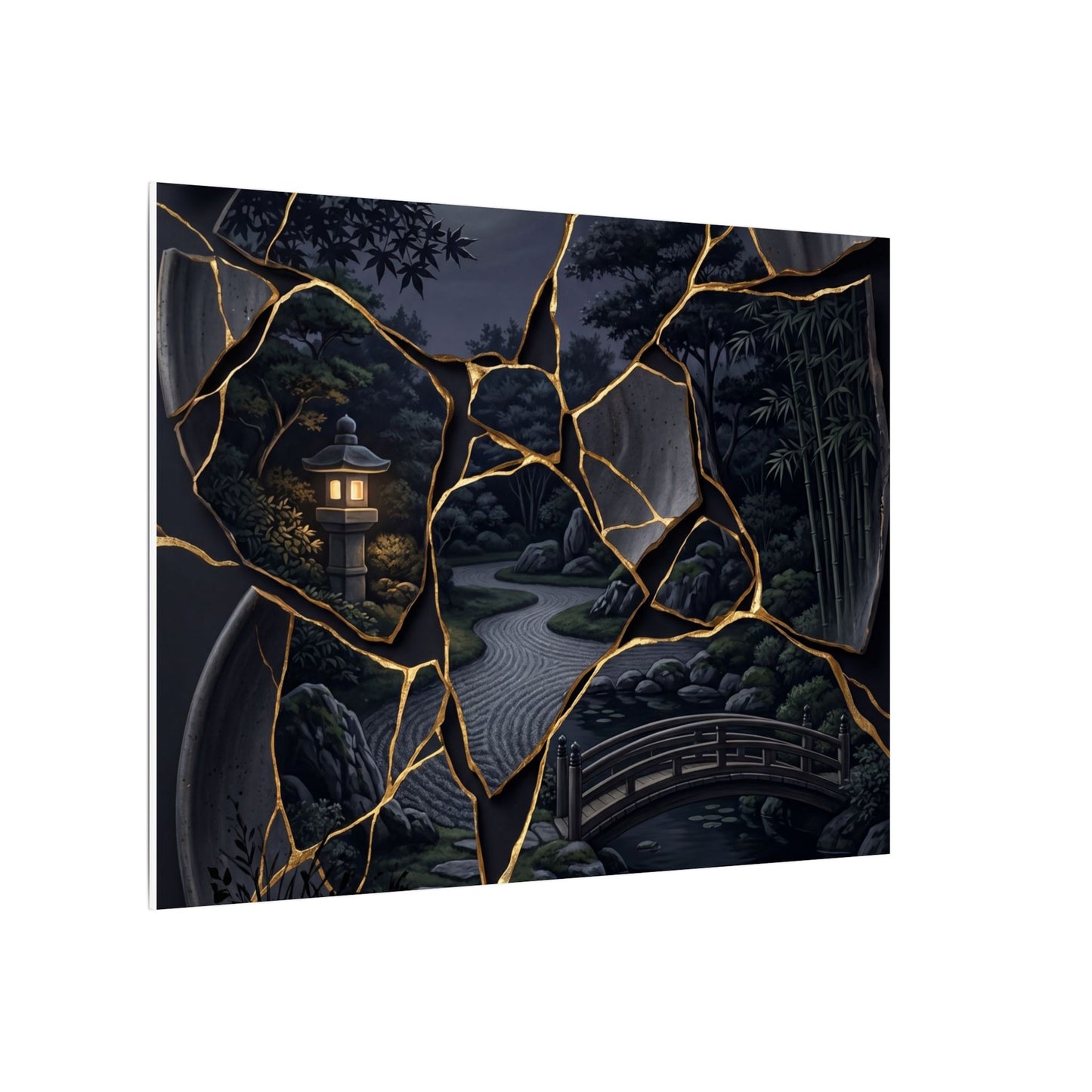 Kintsugi Moonlit Garden in Golden Hour | Gold Repair Canvas Art