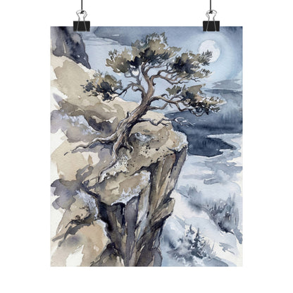 Japandi Pine Tree in Moonlight | Watercolor Wall Art Print Art Print