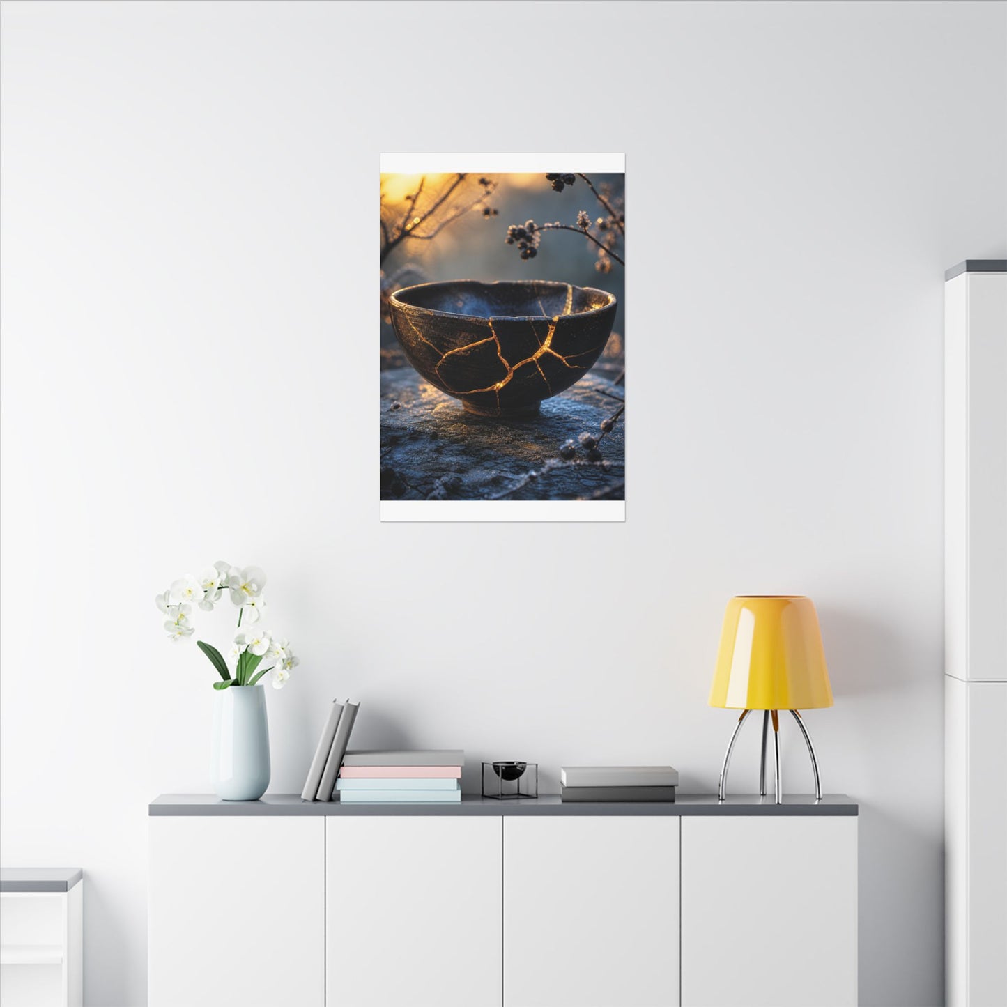 Ceramic Bowl Canvas Art | Winter Kintsugi Gold Repair Art