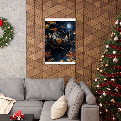 Kintsugi Lotus Flower in Moonlight | Gold Repair Wall Art Print