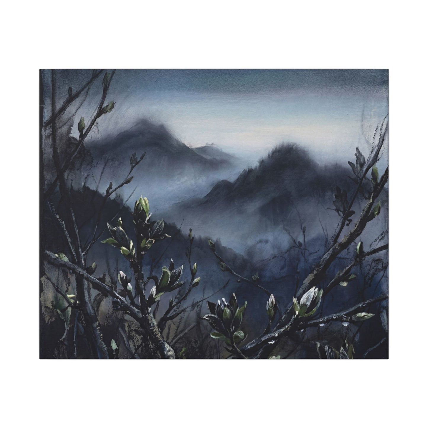Mountain Mist Spring Canvas Art | Dark Japandi Atmospheric Design