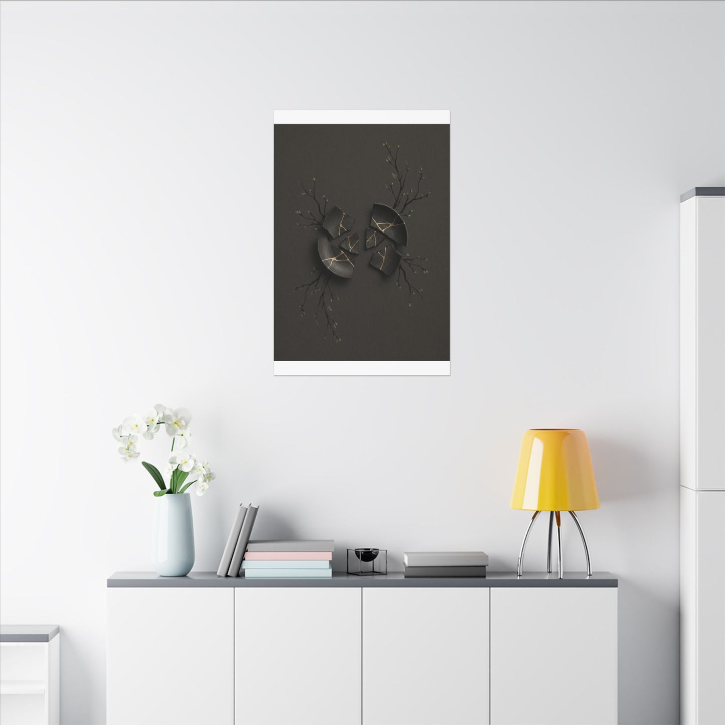 Sophisticated Broken Pottery Canvas Art - Charcoal Ink Dark Japandi