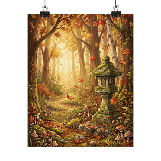 Ma Stone Lantern Wall Art Print - Cottagecore Mushroom Illustration