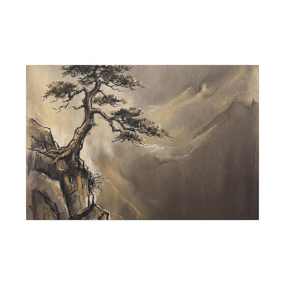 Pine Tree Charcoal Ink Canvas Art | Luxurious Dark Japandi Art Art Print