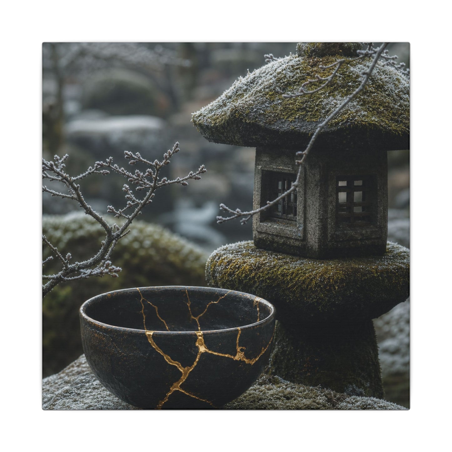 Stone Lantern Canvas Art | Winter Kintsugi Gold Repair Art