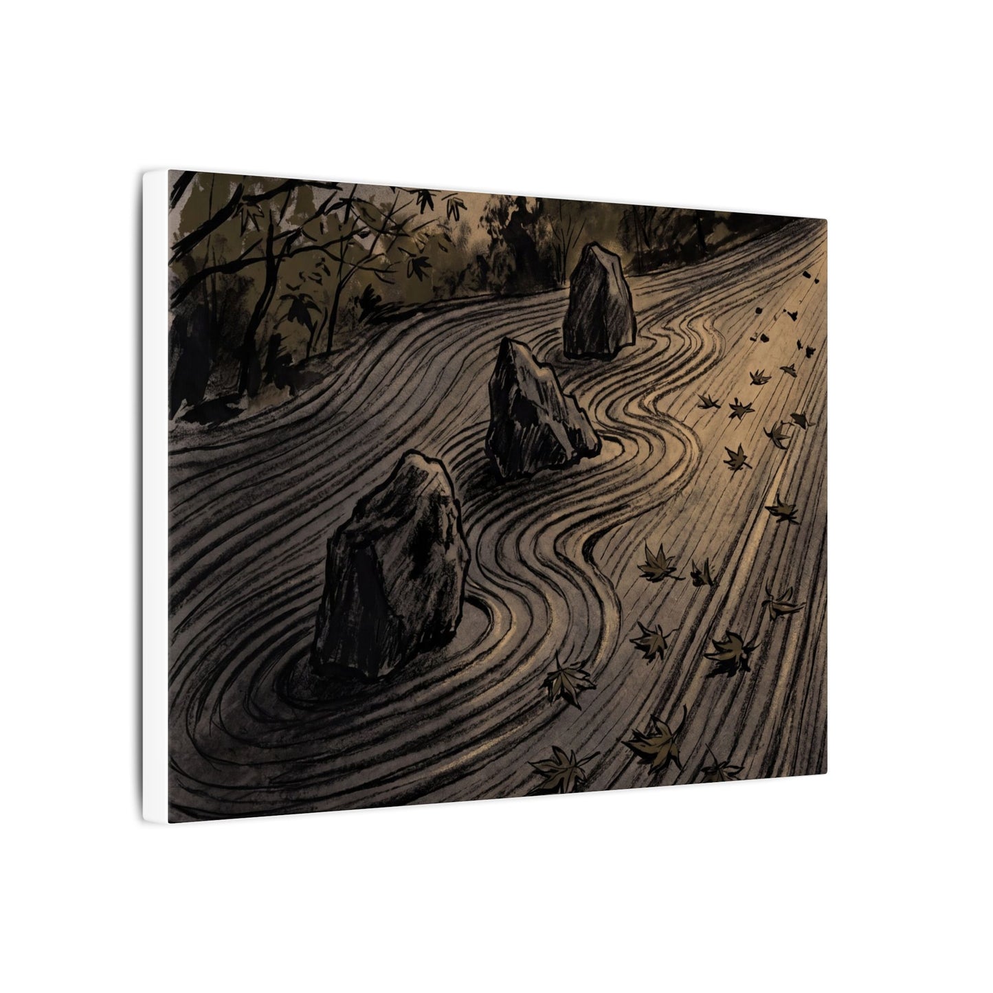 Rock Garden Canvas Art | Autumn Dark Japandi Charcoal Ink Art