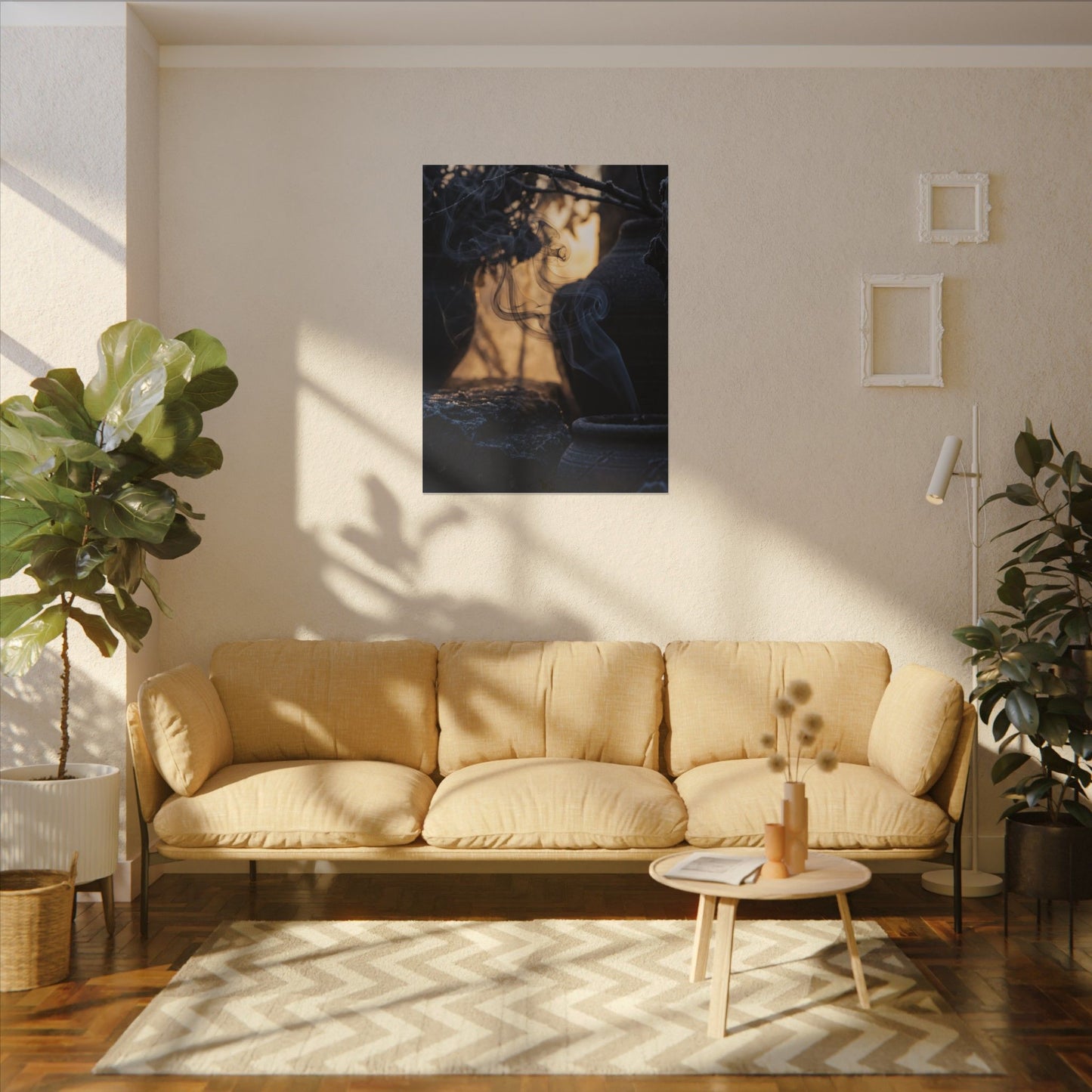Incense Smoke Canvas Art | Winter Dark Japandi Shadow Zen Art