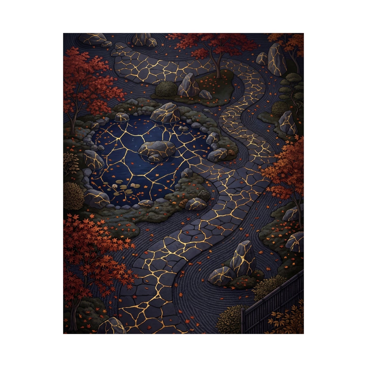 Moonlit Garden Wall Art Print | Autumn Kintsugi Gold Vein Art