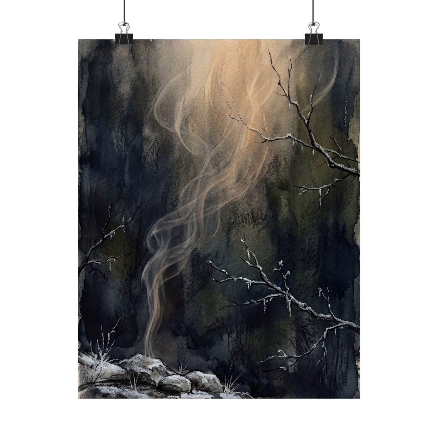Moody Incense Smoke Wall Art Print - Charcoal Ink Dark Japandi