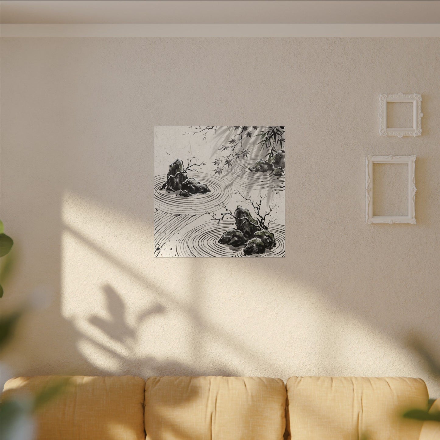 Rock Garden Canvas Art | Winter Zen Sumi E Art