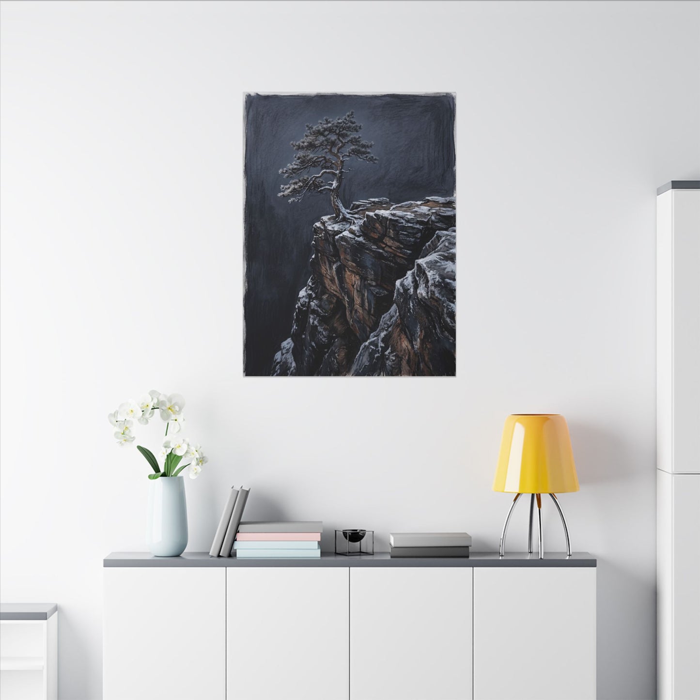 Dark Japandi Pine Tree in Dawn | Dark Texture Canvas Art