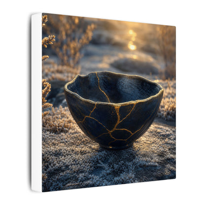 Ceramic Bowl Canvas Art | Winter Kintsugi Gold Repair Art