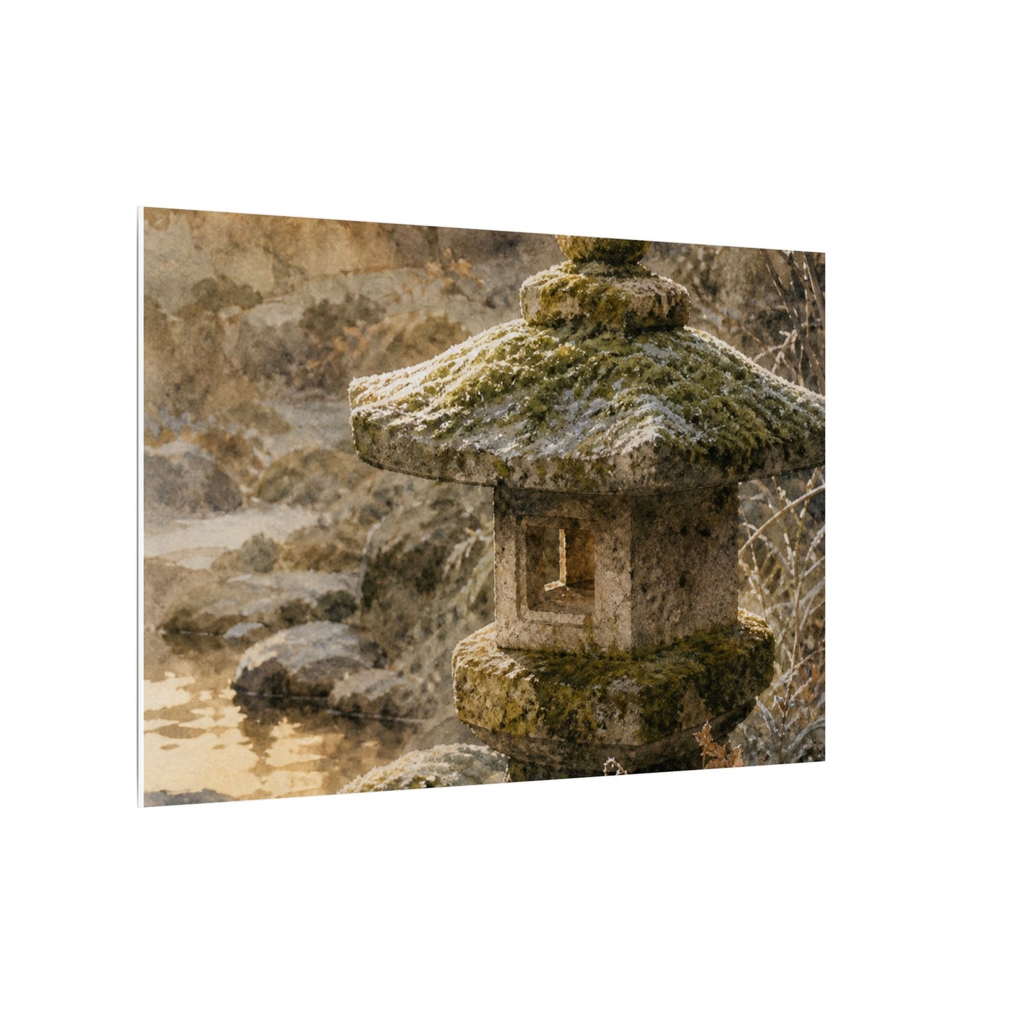 Winter Stone Lantern Watercolor Canvas Art | Earthy Decor
