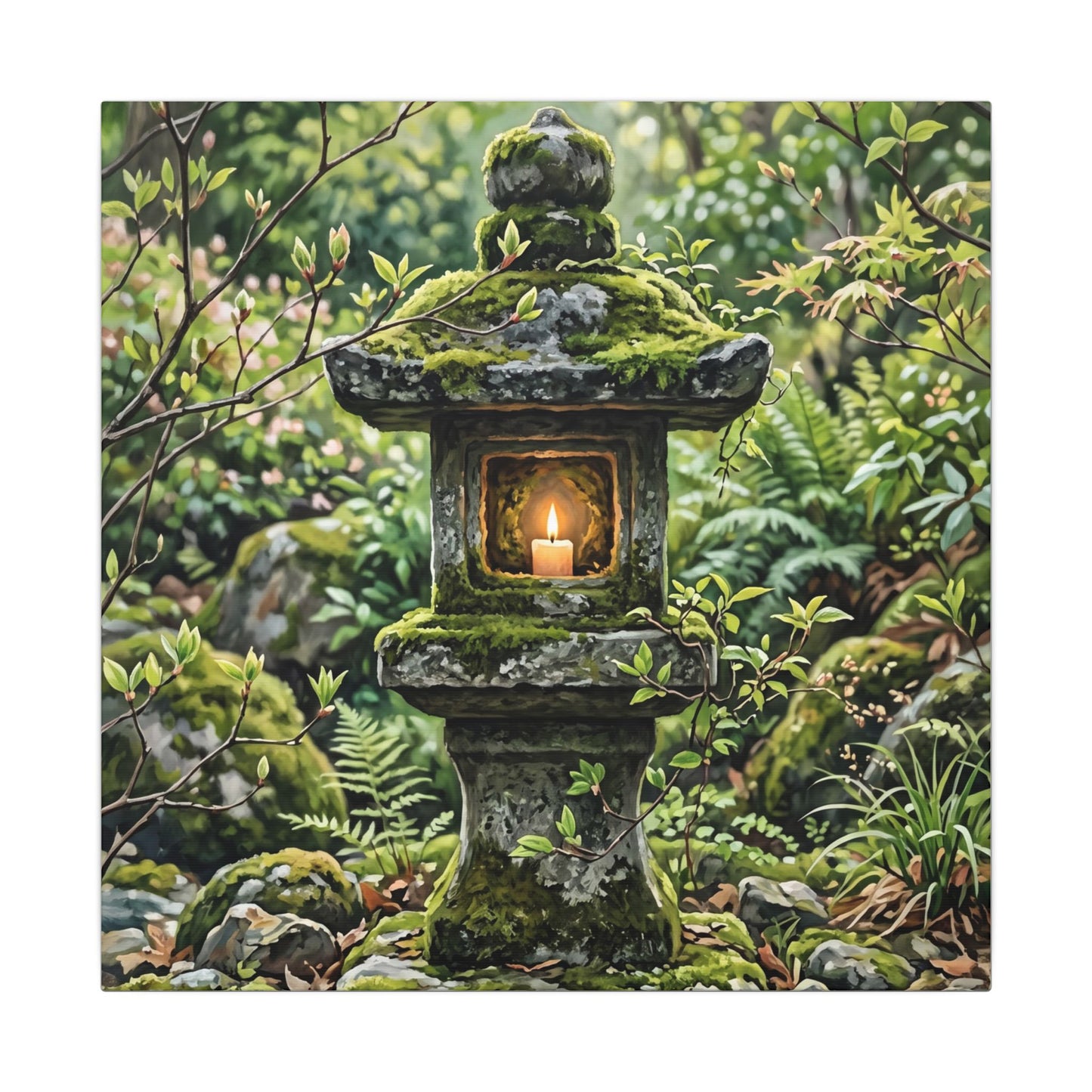 Neutral Stone Lantern Canvas Art - Japanese Pattern Japandi