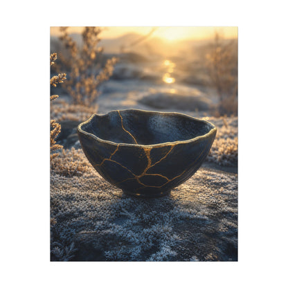 Ceramic Bowl Canvas Art | Winter Kintsugi Gold Repair Art