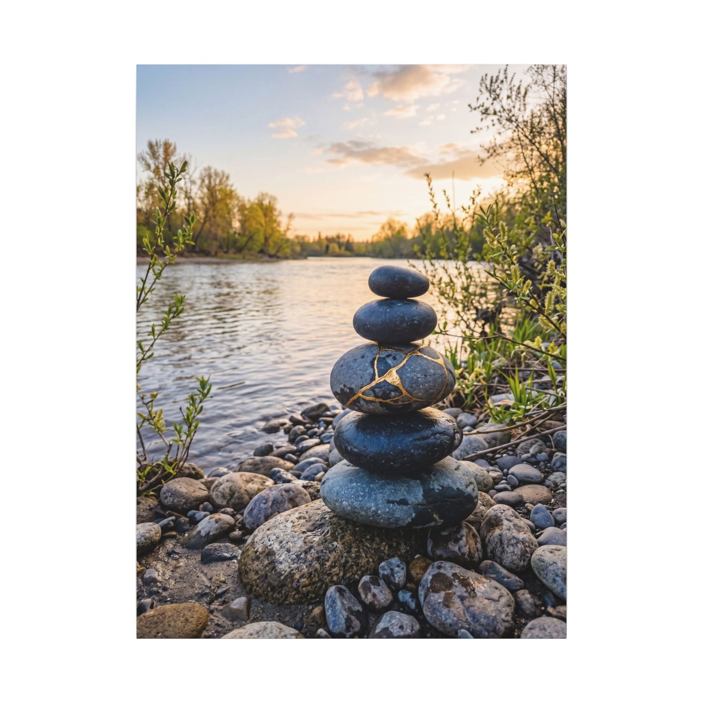 Kintsugi River Stones in Golden Hour | Gold Vein Canvas Art